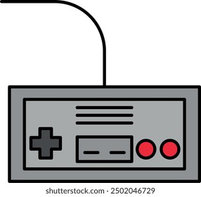 Retro game controller with cord, two red buttons and directional pad.