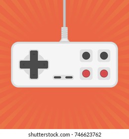 Retro Game controller / gamepad in flat style. Vintage joystick isolated on bright background. Control console for video games. Vector illustration EPS 10.