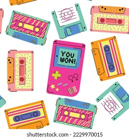 Dispositivos de retro para juegos sin problemas. Videogadgets de vídeo vintage de estilo doodle de dibujos animados de los años 90, ilustrador de fondo sin fin de audio