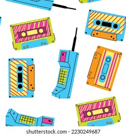 Retro game devices seamless pattern. 90s cartoon doodle style vintage video gadgets, audio cassette endless background illustrator