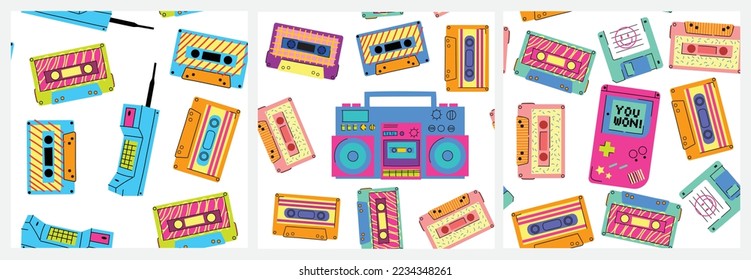 Retro game devices seamless pattern. 90s cartoon doodle style vintage video gadgets, audio cassette endless background illustrator