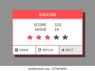 Diseño de diálogo de juegos retro. Contiene resultados de juego como puntuación y estrellas y botones para la interacción de juegos.