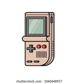 Retro game electronic console. Classical intellectual vintage toy. Portable arcade handheld gaming from 90s. Old school icon or logotype in line art.