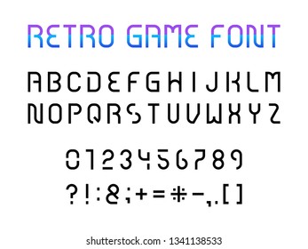 Retro game font. Letters, numbers and punctuation marks. Funny gaming font for computer web and apps.
