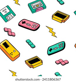 Retro game gadget color seamless pattern in doodle style. 90s cute icons collection. 