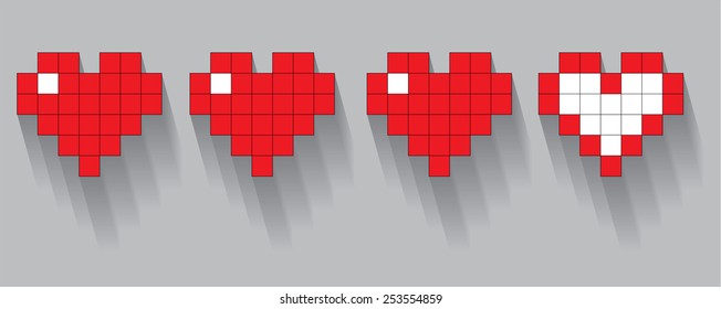 Retro Game hearts ,on grey background with shadow