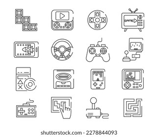 Retro game icons set. Collection of graphic elements for website. Joystick, TV set top box, steering wheel with buttons, gamepad. Cartoon flat vector illustrations isolated on white background