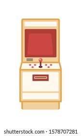 Retro game machine flat vector illustration. Vintage arcade cabinet with buttons isolated on white background. Amusement equipment. Classic electronic game. Old school entertainment device.