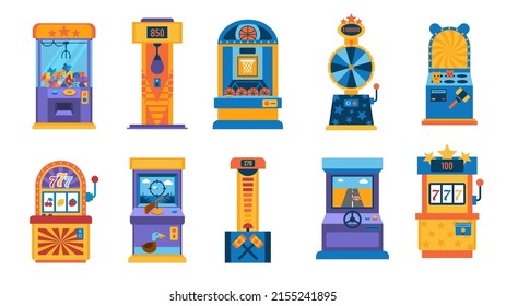 Retro game machine. Gaming computer, mini basketball, crane machine and retro gambling amusement device. Vector 90s retro machinery set. Illustration of machine game joystick, computer console