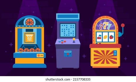 Retro game machine poster. Cartoon banner with vintage arcade video game, classic 80s-90s amusement device. Vector game technology cover. Illustration of game retro simulator