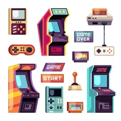 Retro Game Machines. 8 Bit Retro Style Game Machines, Cartoon Vintage Arcade Game Controllers, Slot Machines. Vector Cartoon Set Of Isolated Objects.