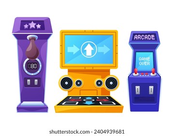 Retro Game Machines, Nostalgic Gaming Consoles That Revive Classic Titles, Featuring Pixelated Graphics, Vector