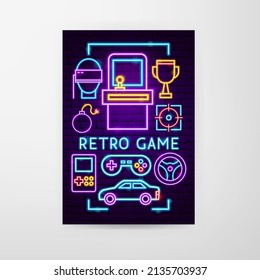 Juego Retro Neon Flyer. Ilustración vectorial de la promoción de la tecnología.