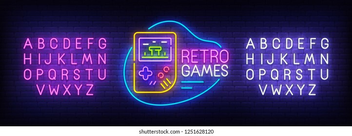 Retro Game neon sign, bright signboard, light banner. Game console logo. Neon sign creator. Neon text edit. Design template. Vector illustration