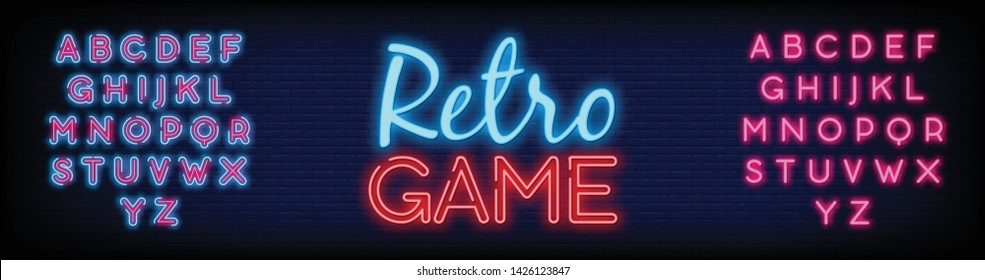 Retro game neon text vector with a Brick Wall Background. Bright signboard  light banner. Vector illustration. Editing Text Neon Signs