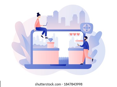 Retro game online. Tiny people playing classic platformer using laptop. Modern flat cartoon style. Vector illustration on white background