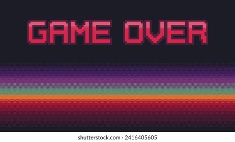 Retro Game Over pixel art text with vibrant colors gradient on dark. Dithering vector background.