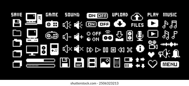 Retro Game Perfect pixel icons Set 8.  Pixel icons of media player buttons, PC, computer icons, music, sound volume, scale, media., sound wave, etc. Retro Video Game gamepad. Isolated vector