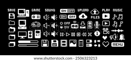 Retro Game Perfect pixel icons Set 8.  Pixel icons of media player buttons, PC, computer icons, music, sound volume, scale, media., sound wave, etc. Retro Video Game gamepad. Isolated vector