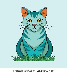 retro game pixel style of cute blue cat avatar mascot sticker illustration.