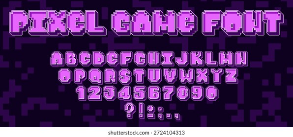 Tipografia de pixel de jogo retro com estilo de fonte de computador clássico de 8 bits. Elementos de texto de vídeo arcade com letras geométricas e estética de jogos vintage. Design de interface Cyberpunk em cores neon.