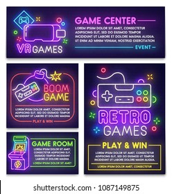 Retro Game Poster, Flyer And Banner Template. Style Sign Neon. Virtual Reality Logo, Emblem And Label. Game Room. Bright Signboard, Light Banner.  Vector Illustration.