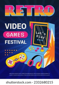 Retro game poster. Vintage gaming gadgets party invitation placard in retro style recent vector template with place for text