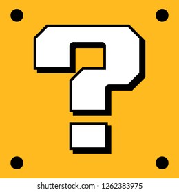 Retro game question box. Retro arcade game bonus block Vector icon.