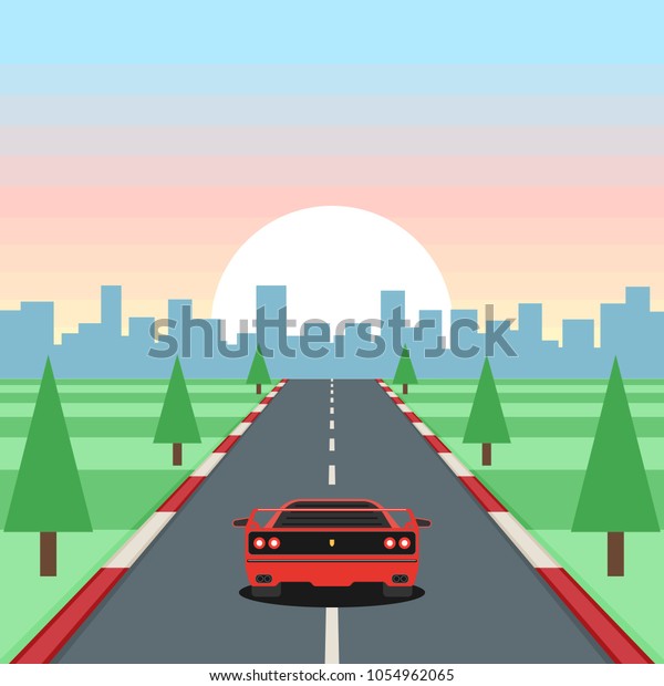 Retro game\
racing. Motor vehicles rides on highway on sunset background.\
Vector illustration in flat style\
design