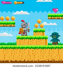 Cena de jogo retrô mostrando um cavaleiro enfrentando um duende em uma paisagem pixelada com moedas, plataformas flutuantes e ícones de saúde. Ideal para jogos de vídeo, aventura, fantasia, missões de heróis e arte de pixels