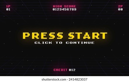 Retro game screen. 8 bit game. Press start to continue. Vector illustrations