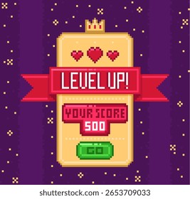 Pantalla de juego retro. Cinta de píxeles con inscripción de nivel superior, interfaz de activos de 8 bits, diseño de App móvil, progreso de juego, símbolo y puntuación del corazón, concepto de arcade de Vector cualitativo de tecnología antigua