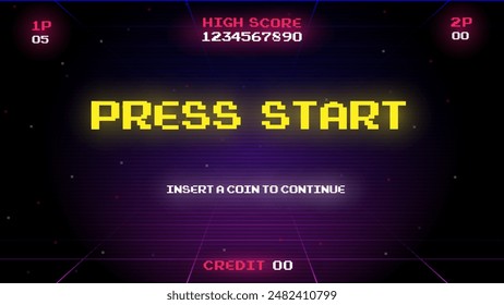 Retro game screen.PRESS START INSERT A COIN TO CONTINUE .8 bit game.vintage arcade comp.Retro Futurism Sci-Fi Background. Vector illustrations.