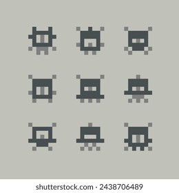 Retro Game space arcade pixel Icons. Simple space pixel icons and symbols. Funny UFO aliens and robots silhuette  in 8-bit retro game style. Vector pixel graphics illustration in vintage style