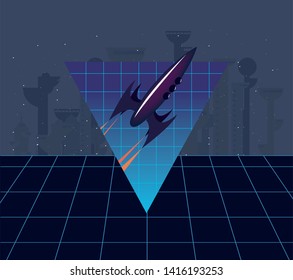 retro game spaceship flying vector ilustration