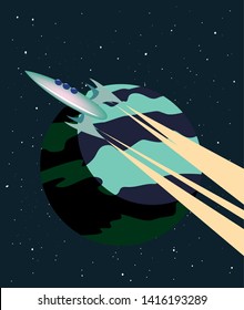 retro game spaceship flying vector ilustration