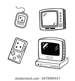 Retro game toys. 90s retro style set graphic elements.  Vector illustration isolated objects