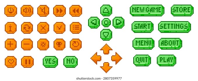 Retro game UI buttons with arrows, media controls, and menu labels drawn in pixel style. Symbol pack conveys gaming interface, user control, and navigation. Cartoon vector illustration.