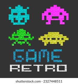 Retro game vector illustration with 4 little monsters in pixel art, 8-bit, old style, drawing.