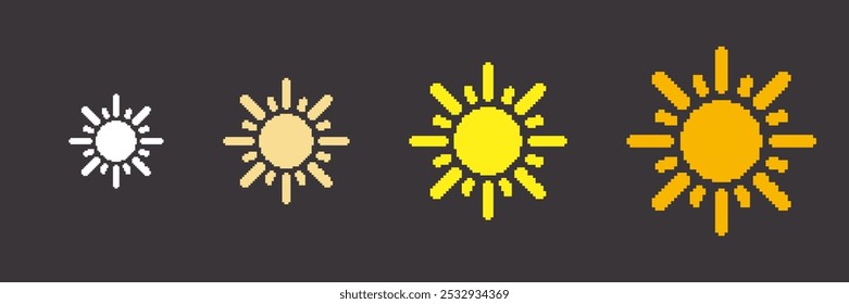 Retro Game Yellow Sun Isolated on Dark Background. Sun Pixel Art Icon Set. Vintage Video Game Symbol. Isolated Vector Illustration.