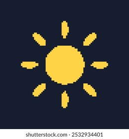 Retro Game Yellow Sun Isolated on Dark Background. Sun Pixel Art Icon. Vintage Video Game Symbol. Isolated Vector Illustration.