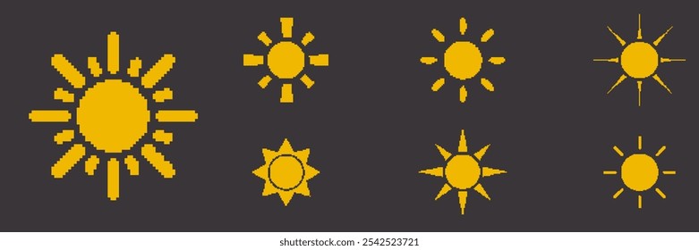 Retro Game Yellow Sun Isolated on Dark Background. Sun Pixel Art Icon Set. Vintage Video Game Symbol. Isolated Vector Illustration.