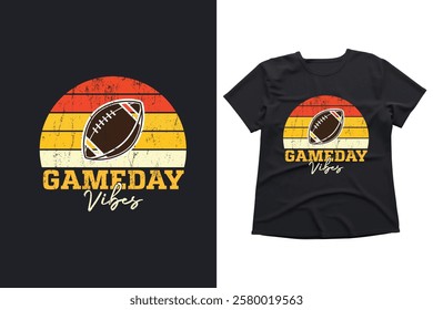 Retro, gameday, vibes, football, t-shirt, design, vintage, distressed, sunset, sports, graphic, apparel, trendy, stylish, fan, game, team, touchdown, American football, illustration, colorful