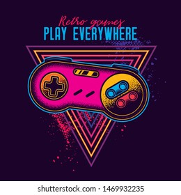 Retro gamepad from 8-bit consoles. Vector illustration in neon style.