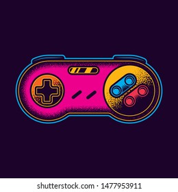 Retro gamepad from 8-bit consoles. Vector illustration in neon style.