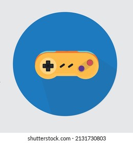 Retro gamepad flat icon on blue backround with dropshadow. Joypad, vintage controller, input device for old video game console, vector illustration, gamepad retro, 16bit, joypad