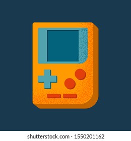 Retro gamepad icon. Gameboy vector illustration on blue background. Hipster device in vintage style. Gaming shop logo. Geek banner template. Grainy textured pictogram of electronic device