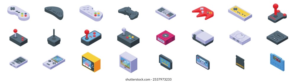 Conjunto de ícones retro gamepad. Ícones isométricos representando vários consoles e controladores de jogos retro evocam sentimentos de nostalgia e destacam a evolução da tecnologia de jogos