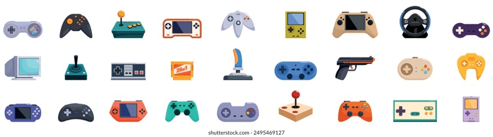 Retro gamepad icons set. Set of various devices for playing video games, including joysticks, gamepads, and consoles