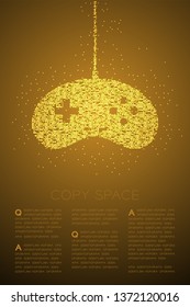 Retro Gamepad or joypad shape Particle Geometric Bokeh circle dot pixel pattern, Esports game controller design gold color illustration on brown gradient background with copy space, vector eps 10